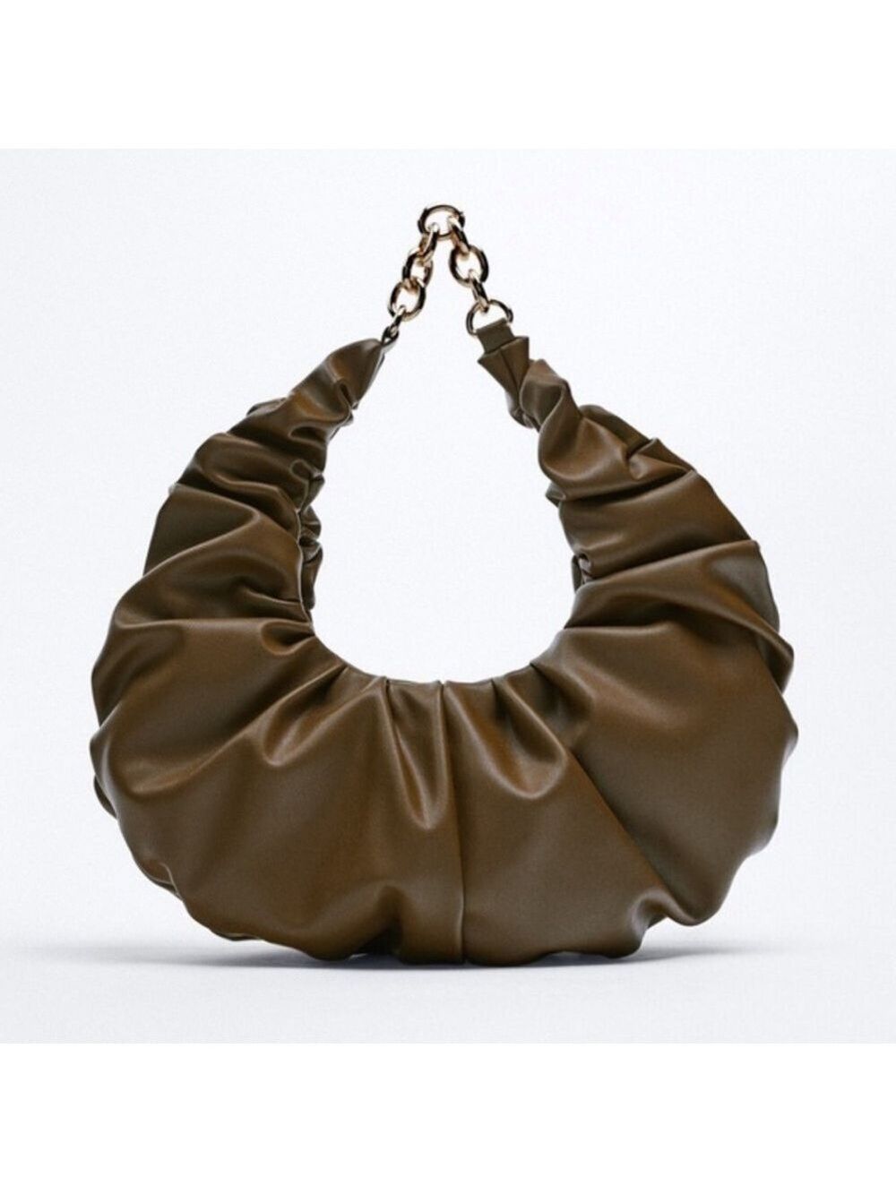 Zara Croissant Shaped Ruched Brown Shoulder Bag Purse with Gold Chain Strap